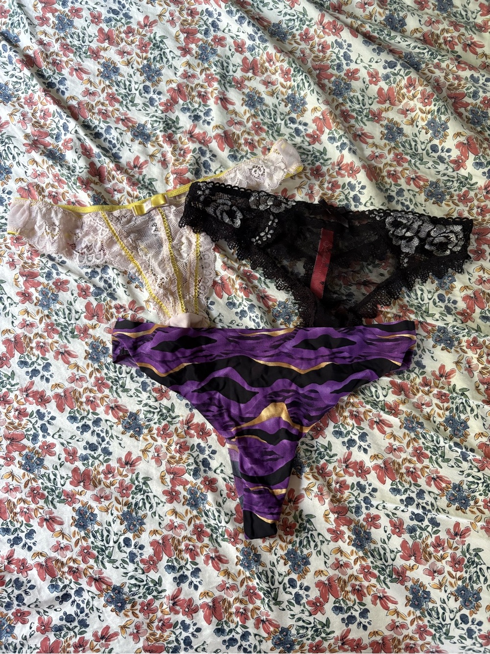 Women's Lace & Printed Thong Set - Purple, Black, Cream